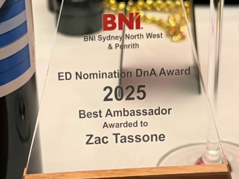 BNI Sydney North West and Penrith Best Ambassador award engraved for Zac Tassone
